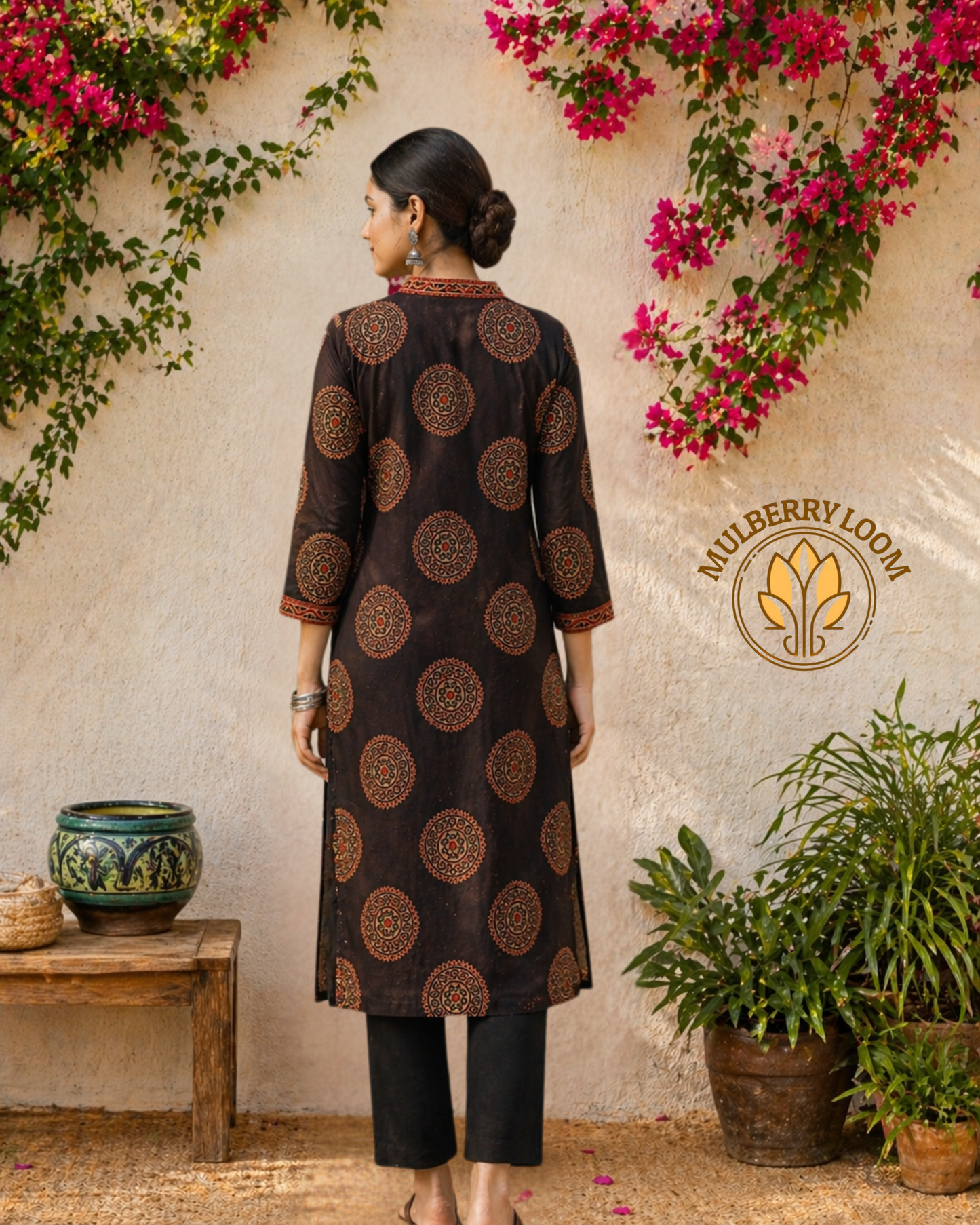 Ebony and Crimson Motif Ajrakh Handblock Print Kurta