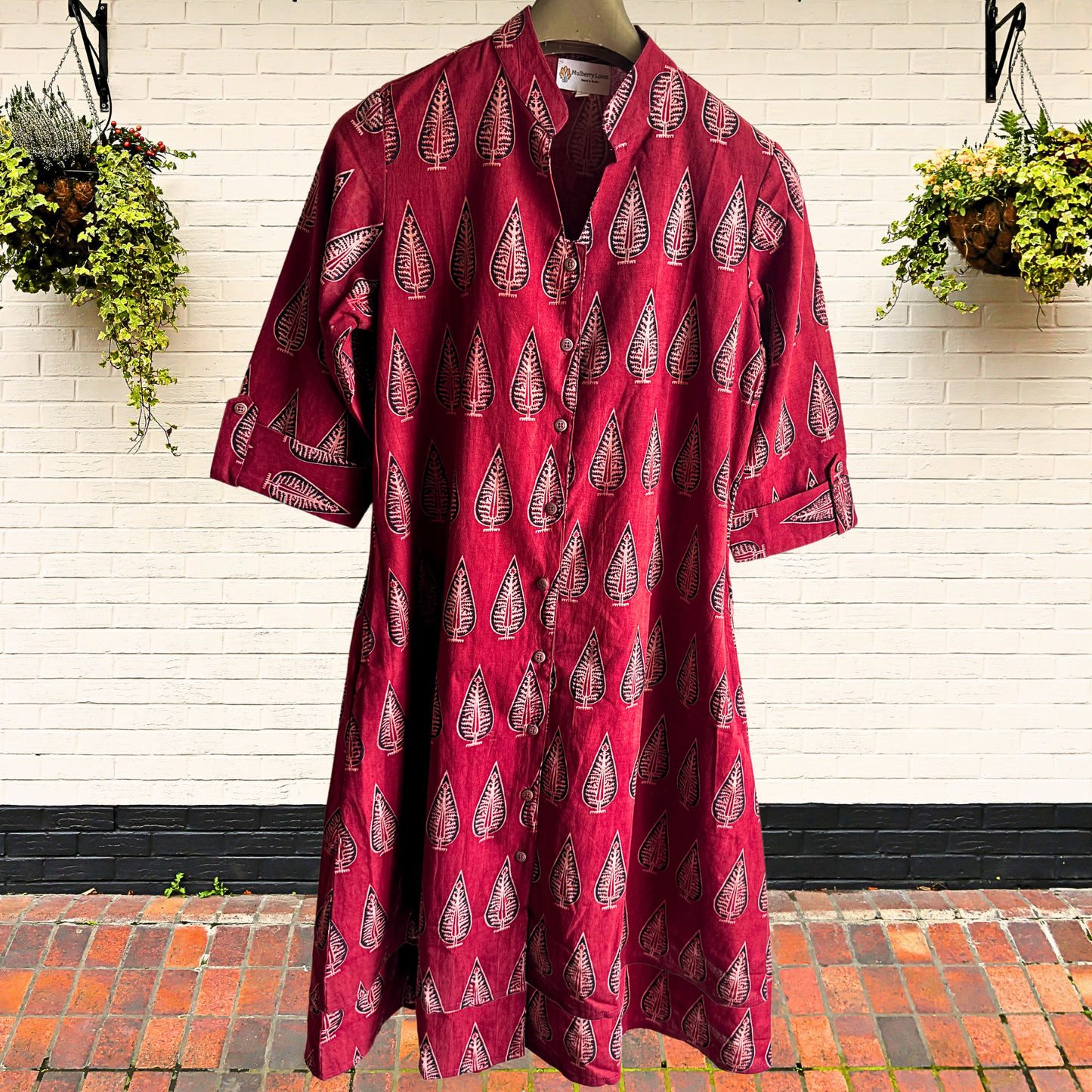 Red Black Ajrakh Leaf Handblock Print A-Line Dress