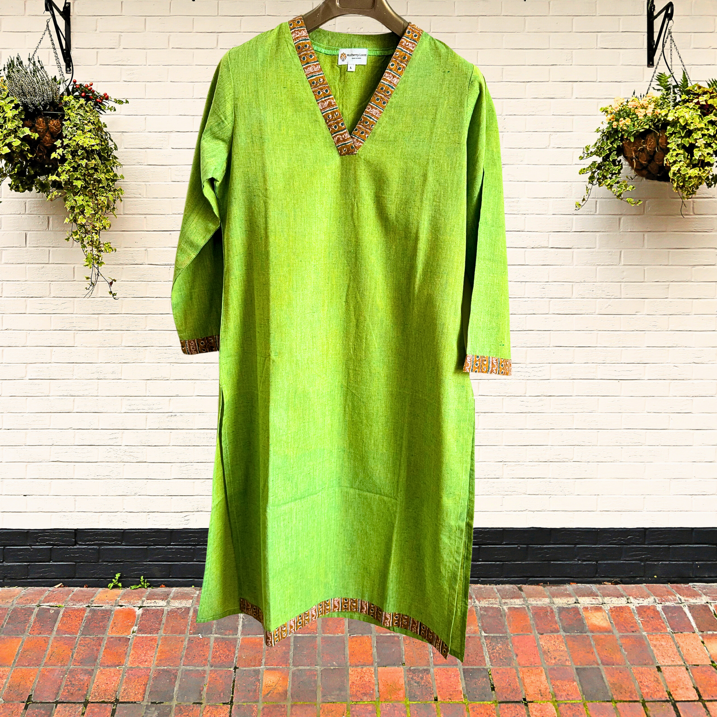 Green V-Neck South Cotton Straight Kurta