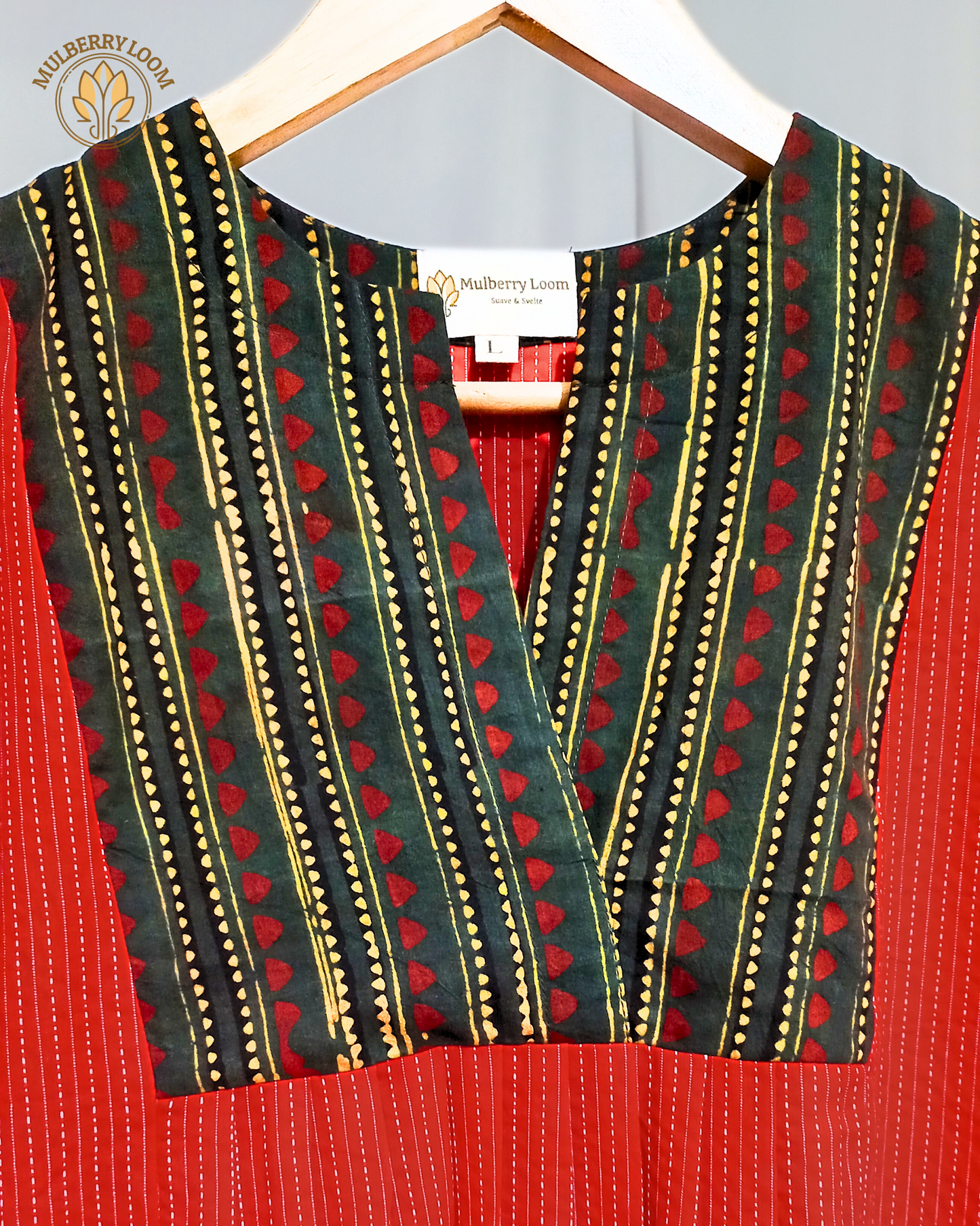 Exquisite Red and Dark Green Hand Block Print Patch Kurta