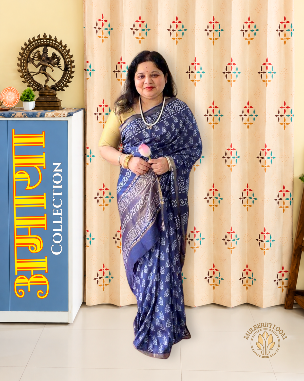 Indigo Handblock Printed Katan Silk Saree