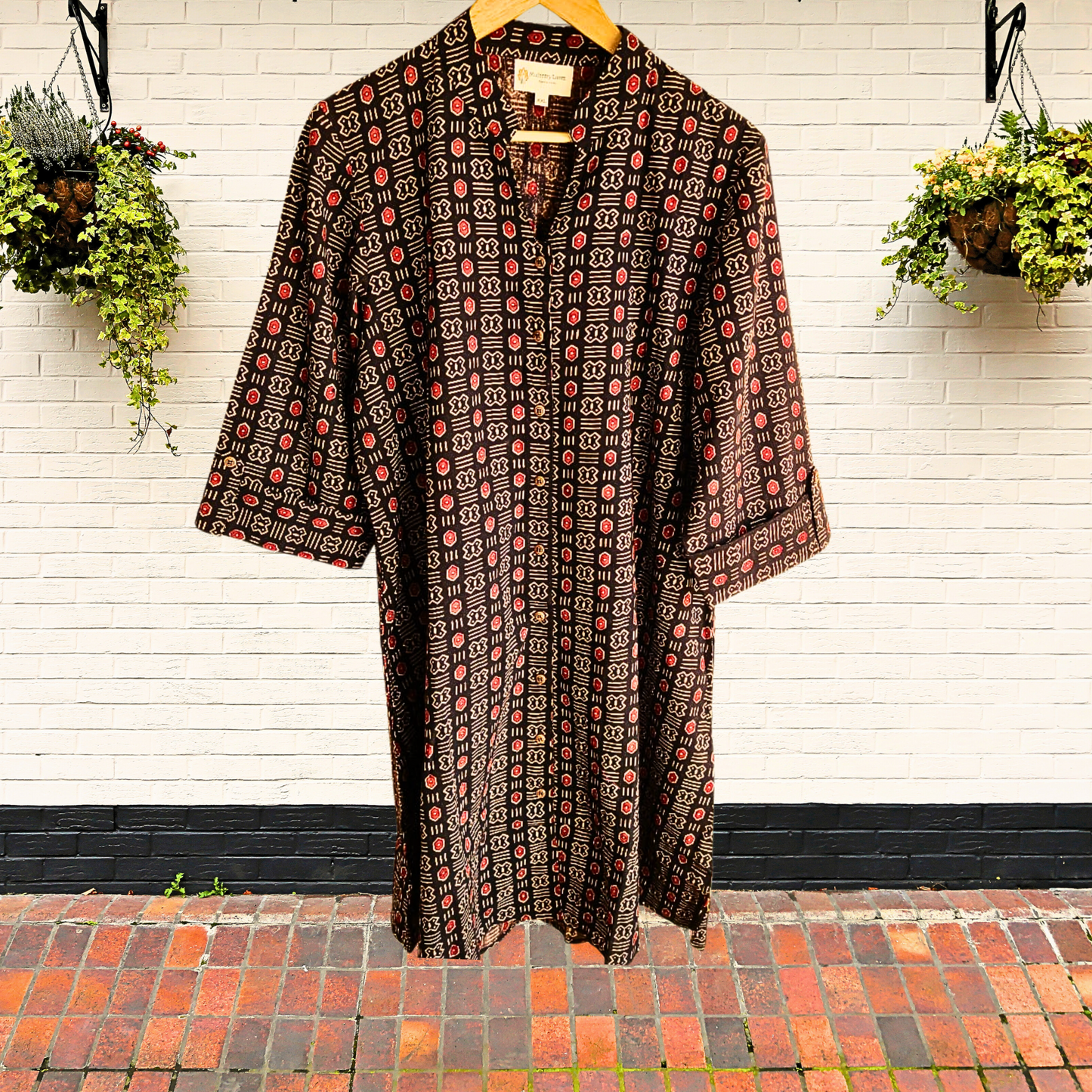 Black Red Pattern Ajrakh Handblock Print A-Line Dress
