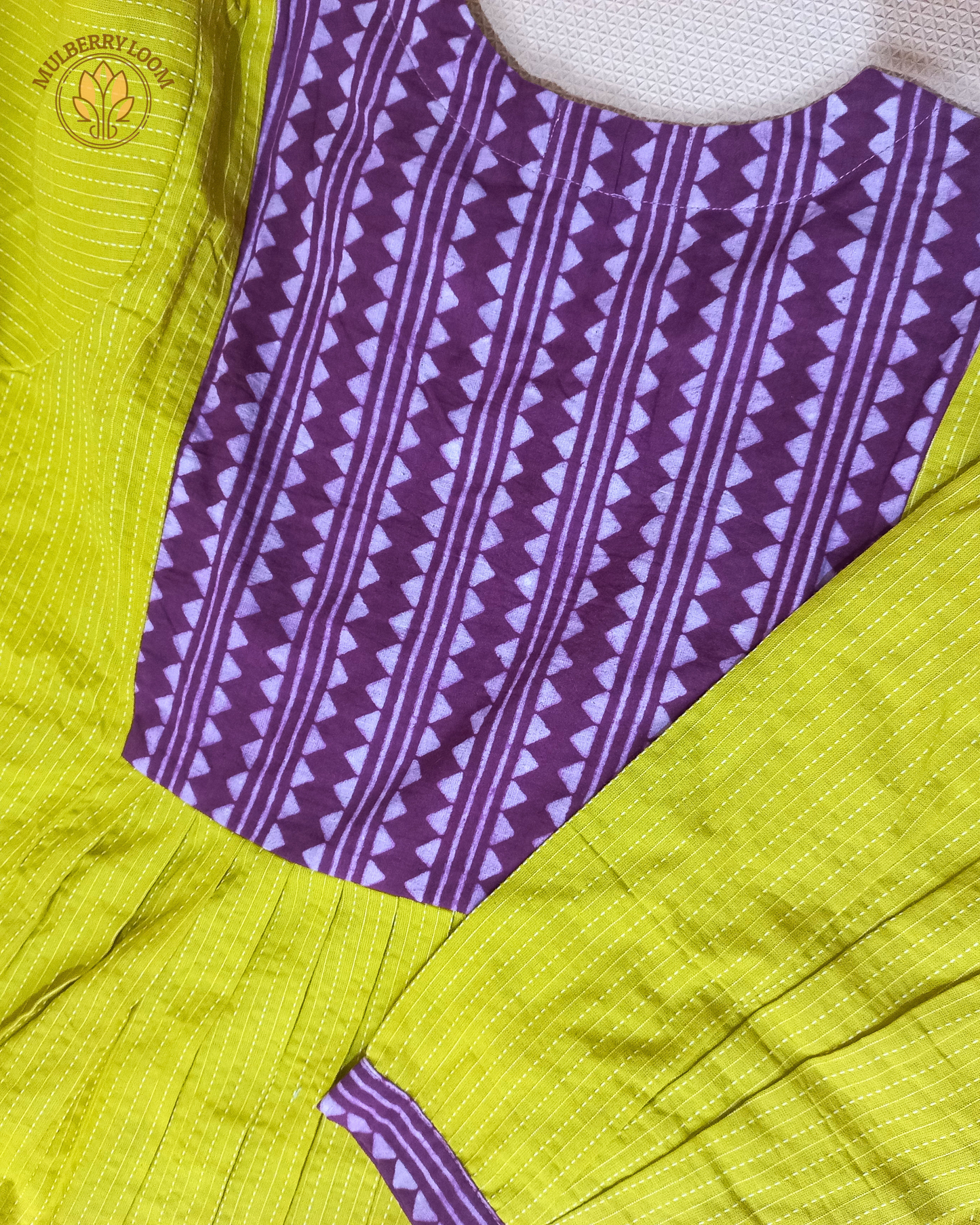 Exquisite Lime Green and Purple Hand Block Print Patch Kurta
