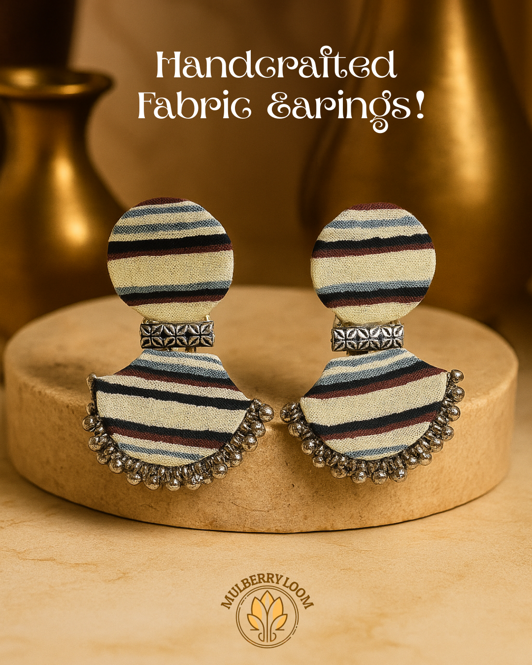 Nira Offwhite with Stripes Handcrafted Fabric Earrings