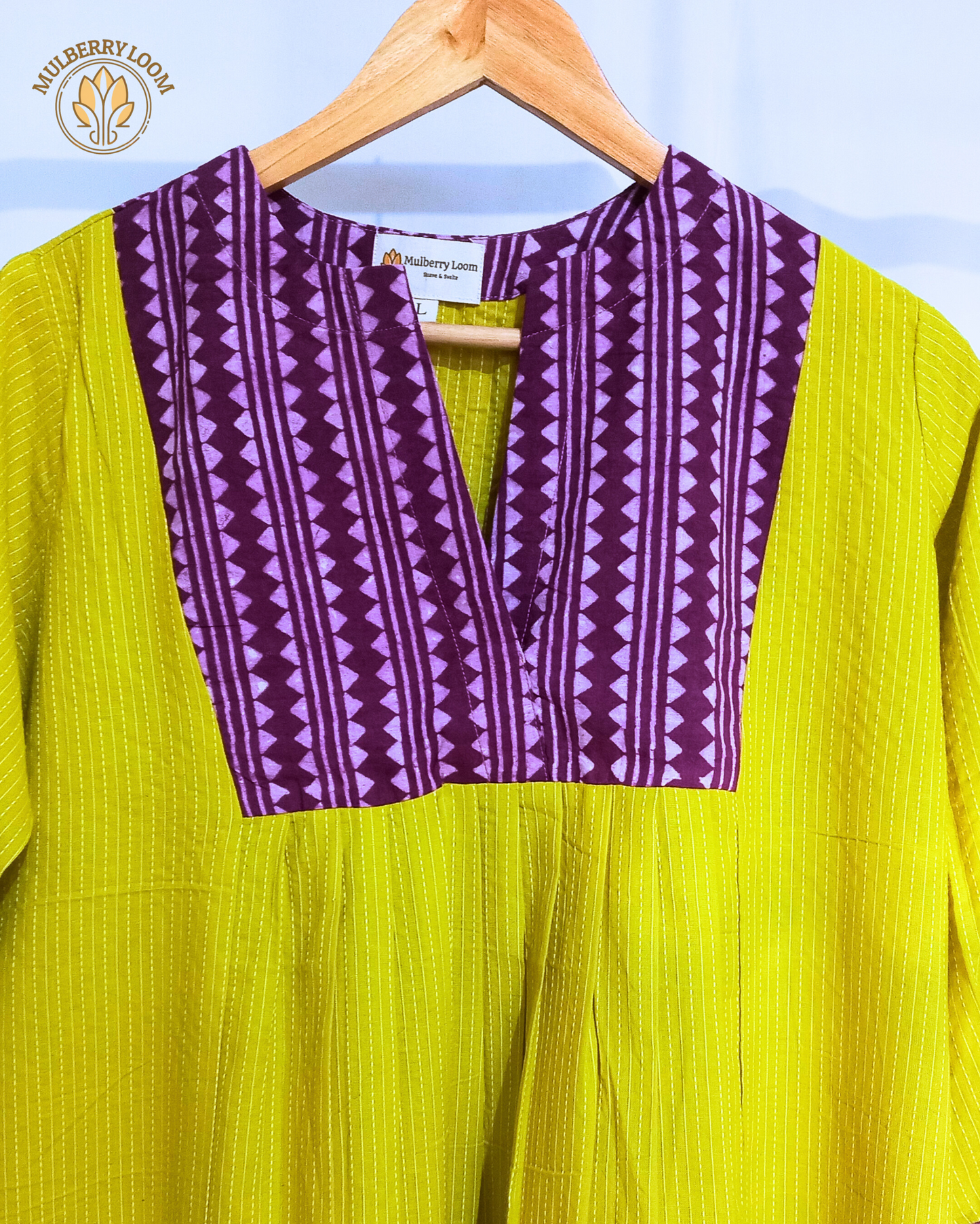 Exquisite Lime Green and Purple Hand Block Print Patch Kurta