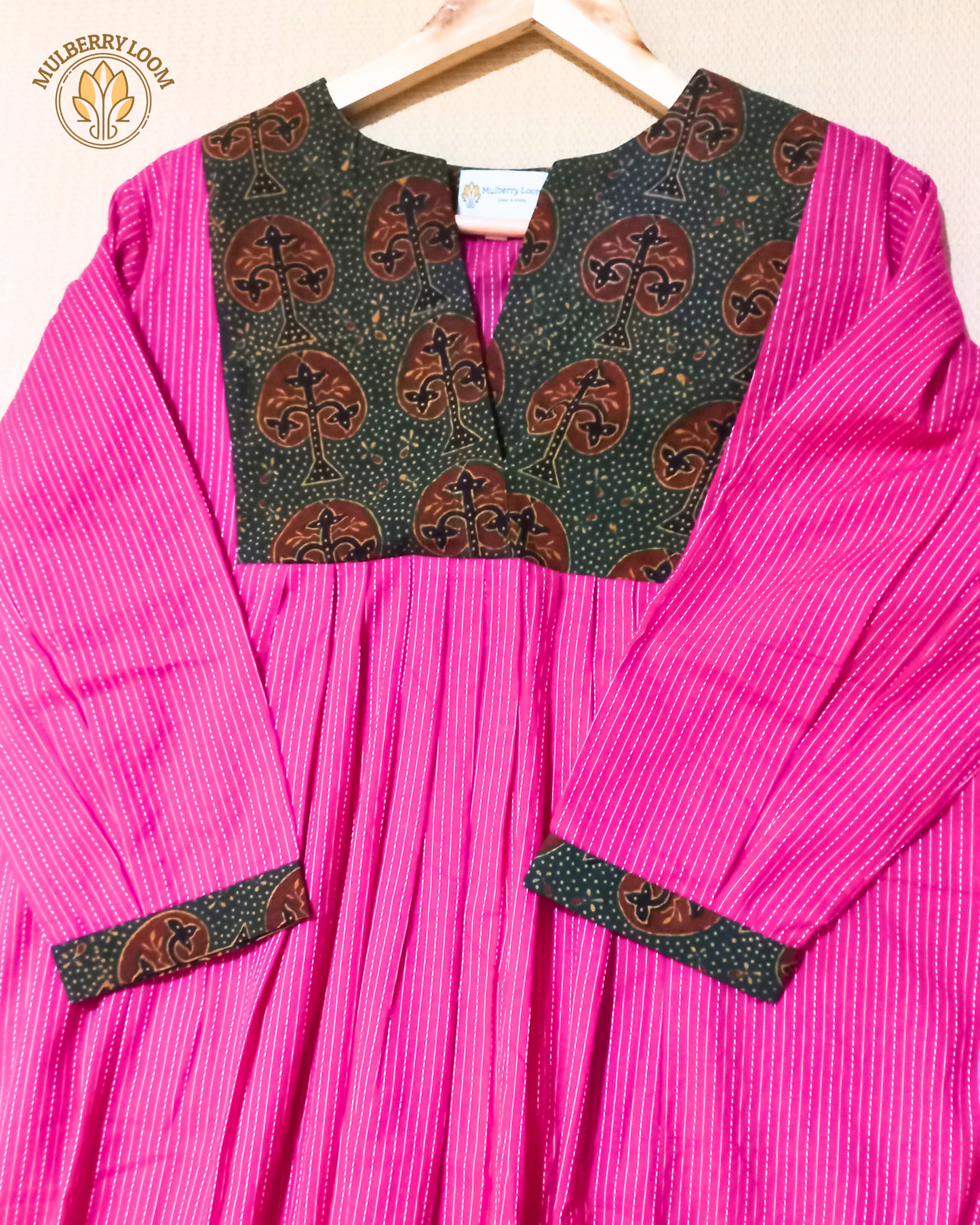Exquisite Pink and Dark Green Hand Block Print Patch Kurta