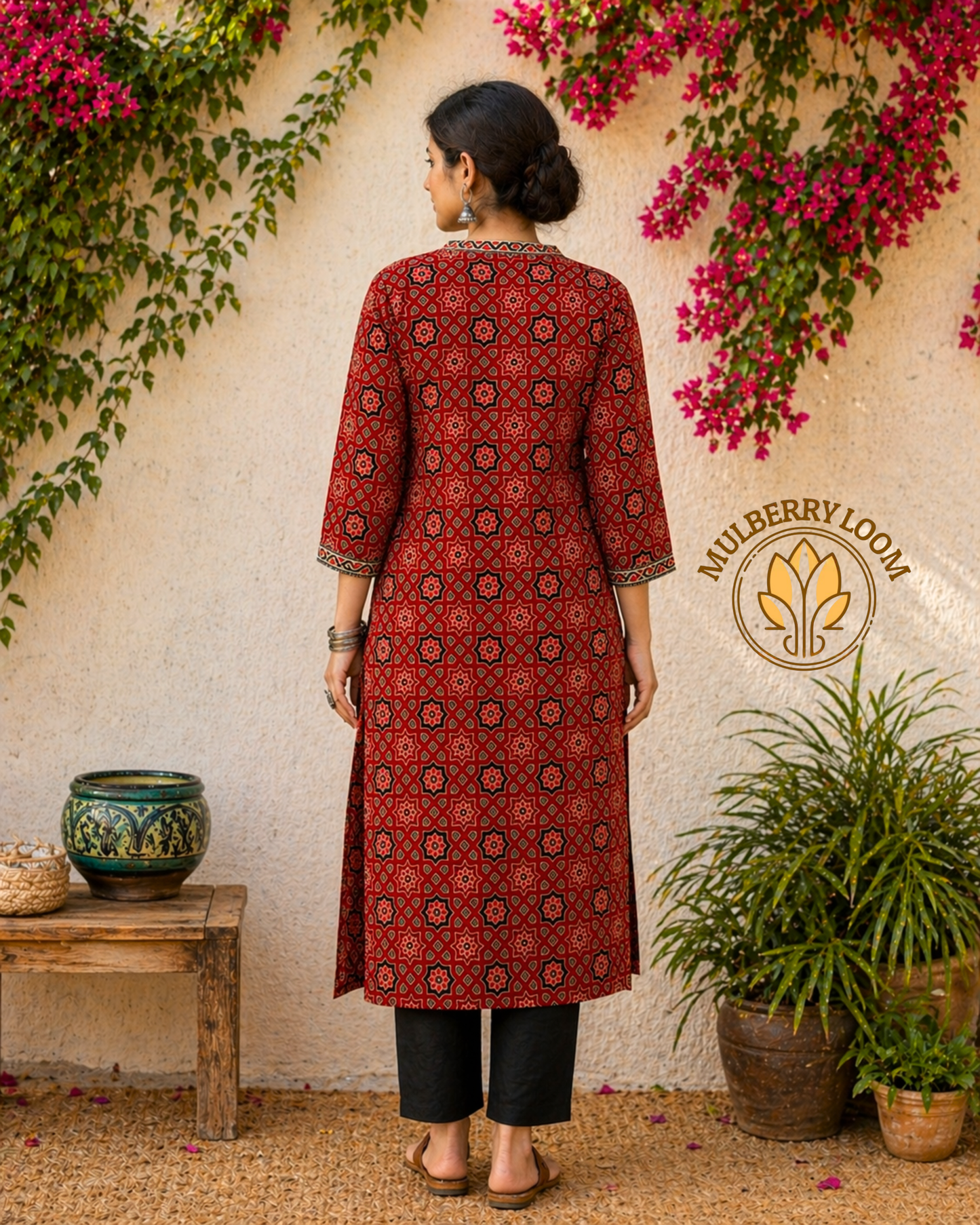 Crimson and Ebony Motif Ajrakh Handblock Print Kurta