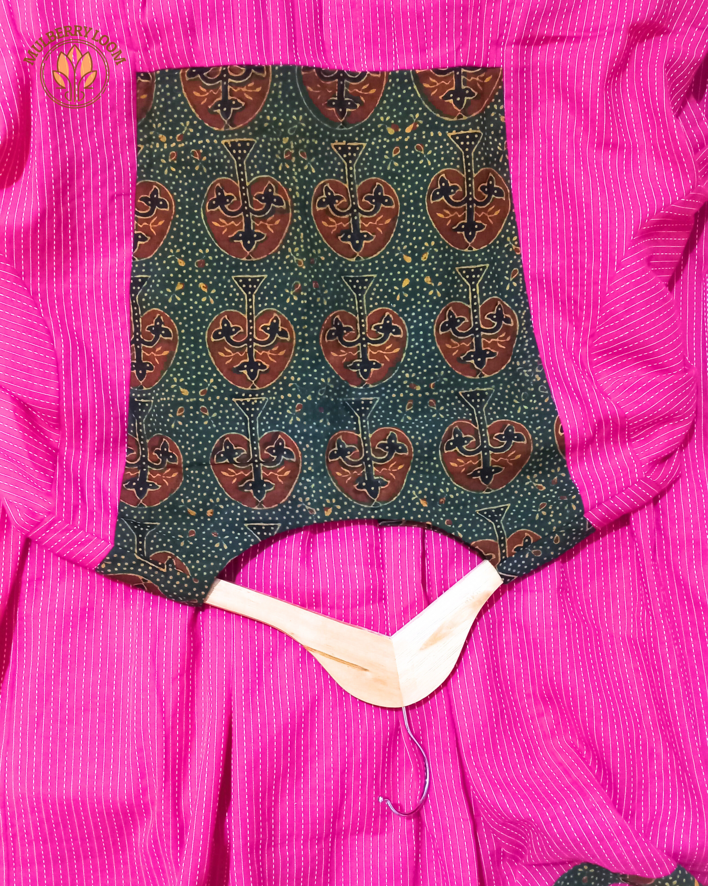 Exquisite Pink and Dark Green Hand Block Print Patch Kurta