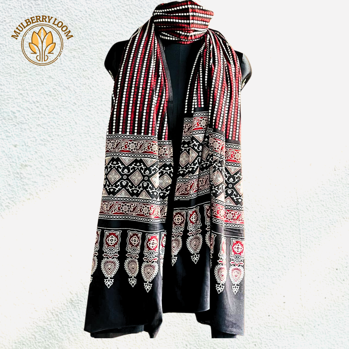 Black Red Ajrakh Handblock Print Cotton Dupatta