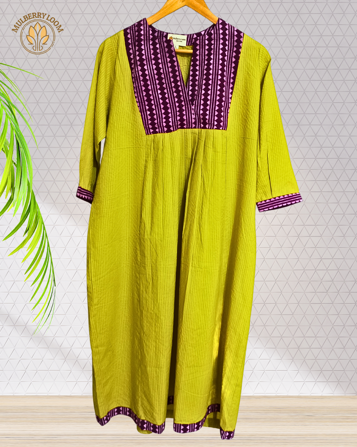 Exquisite Lime Green and Purple Hand Block Print Patch Kurta