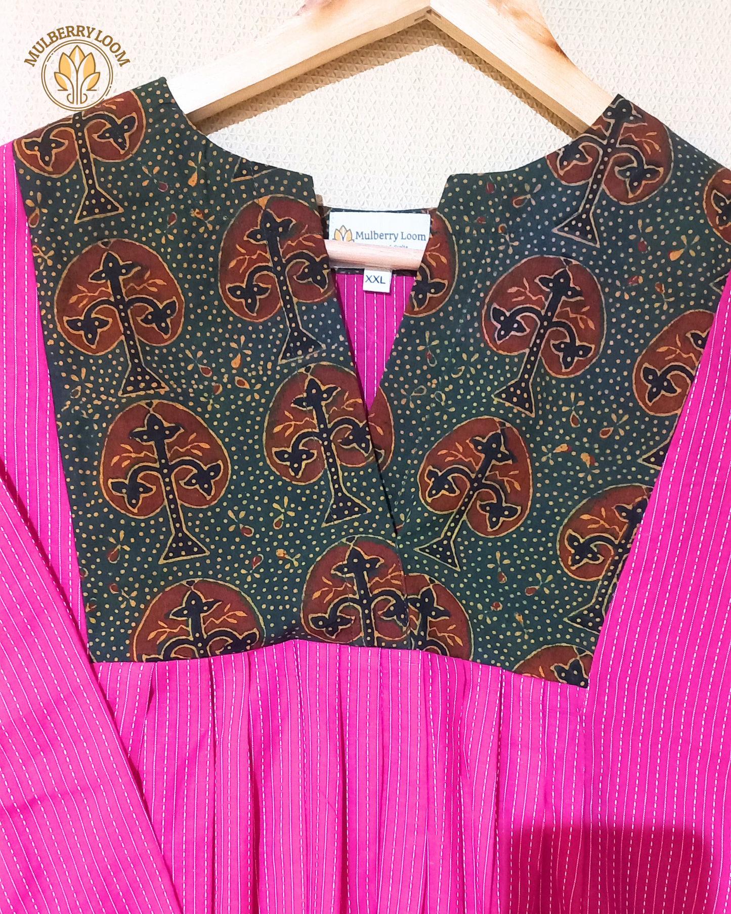 Exquisite Pink and Dark Green Hand Block Print Patch Kurta