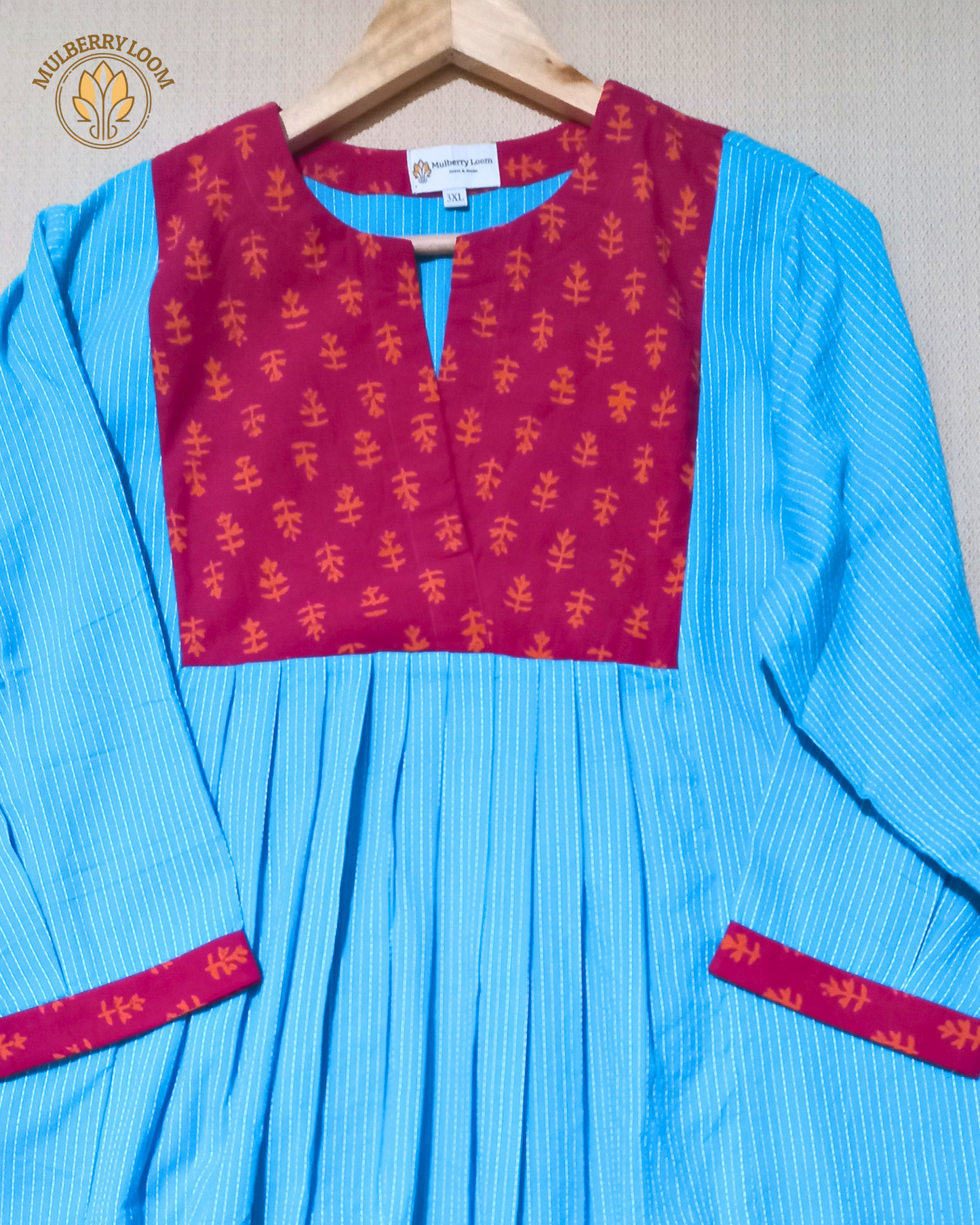 Exquisite Blue and Pink Hand Block Print Patch Kurta