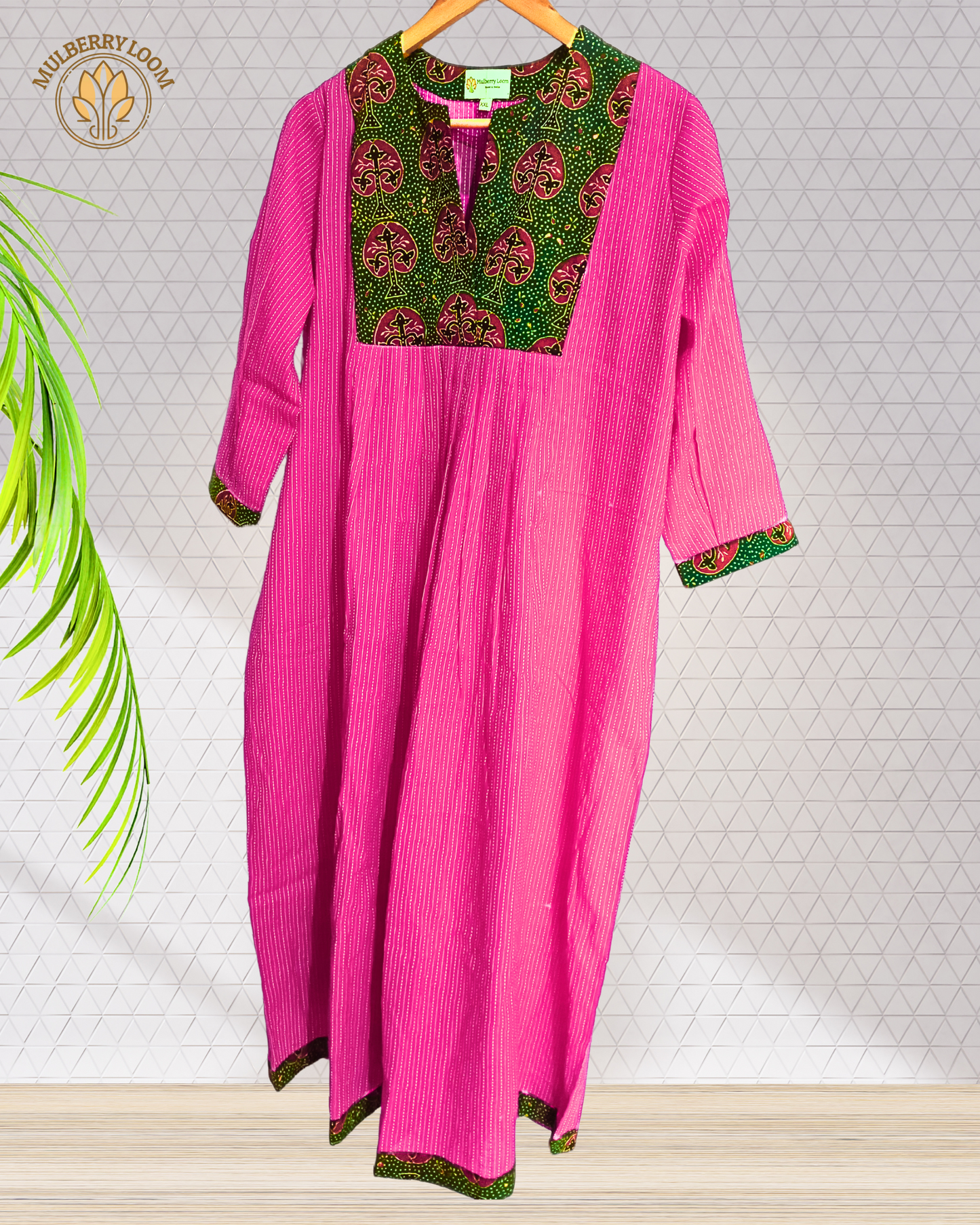 Exquisite Pink and Dark Green Hand Block Print Patch Kurta