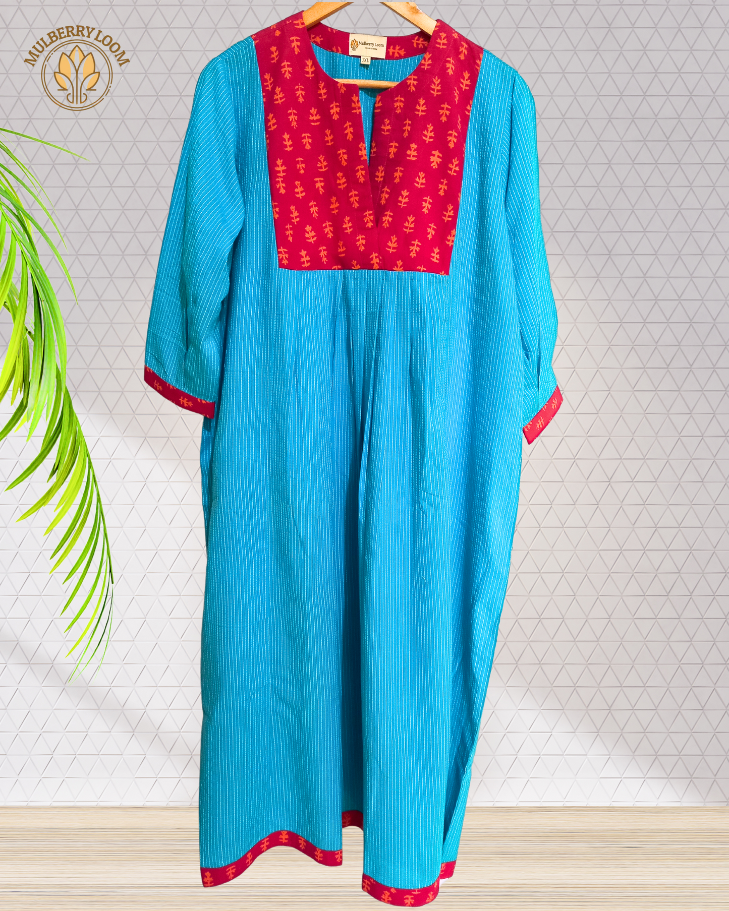 Exquisite Blue and Pink Hand Block Print Patch Kurta