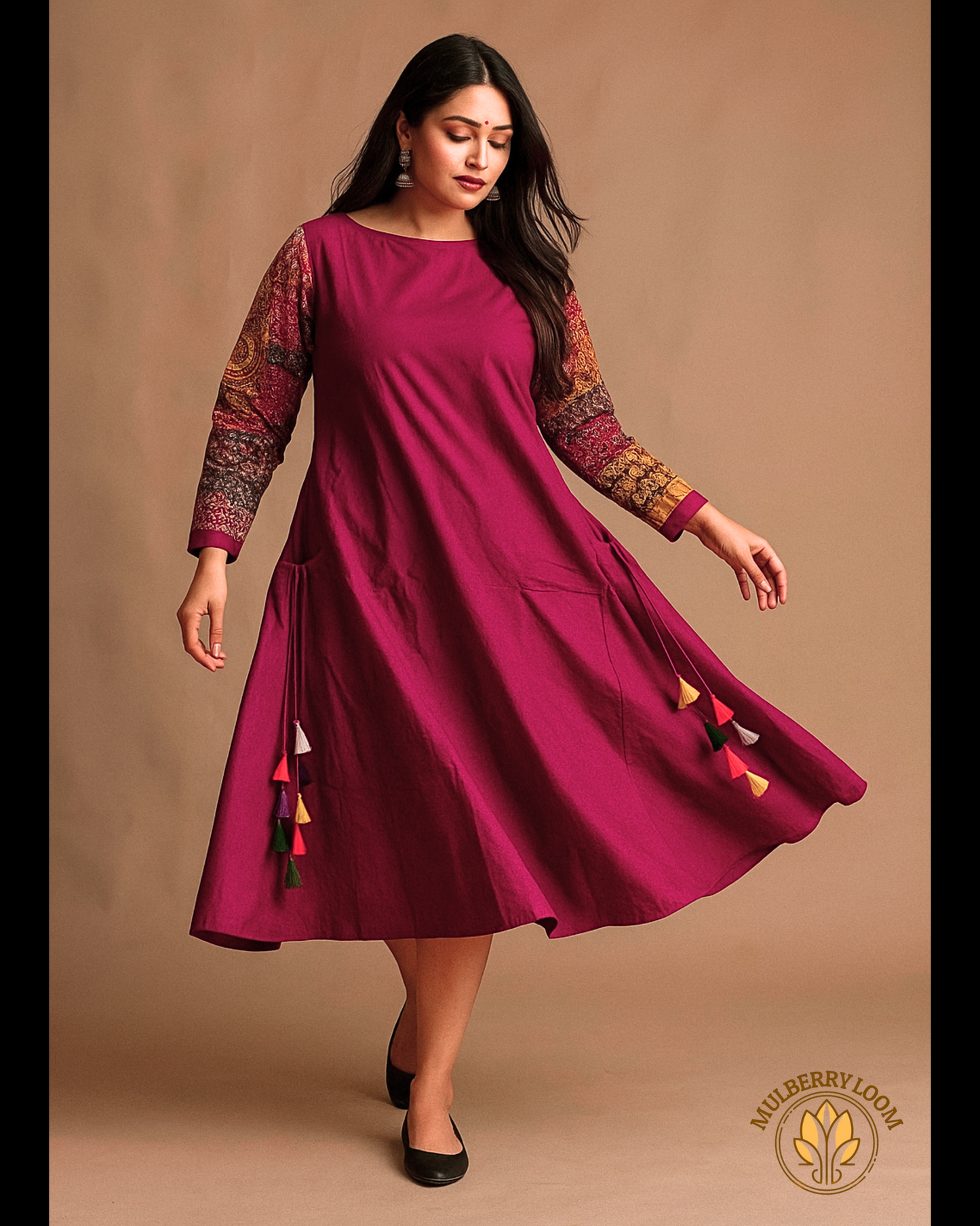 Midnight Mosaic — Plum Dress with Ajrakh Patchwork Sleeves