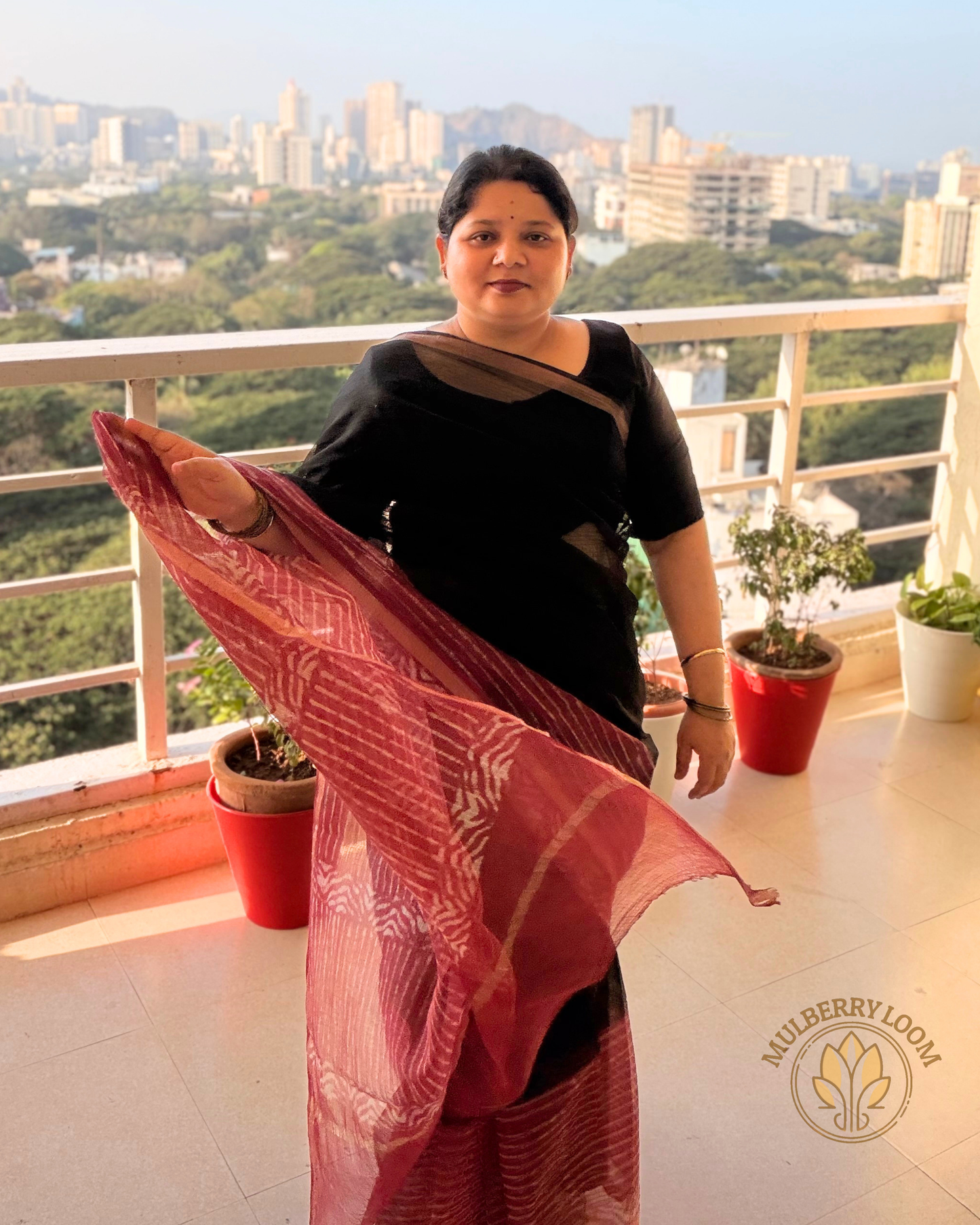 Amaya Black and Plum Handblock Print Saree