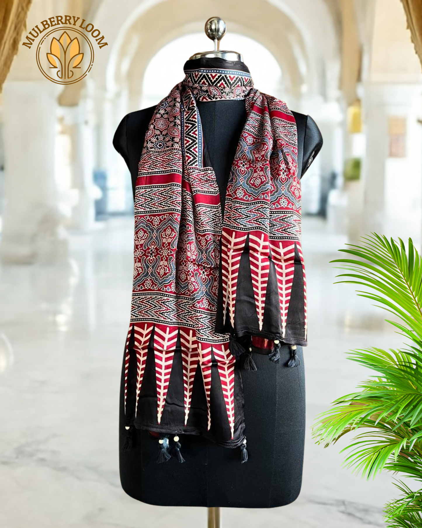 Black Red Ajrakh Handblock Print Modal Stole