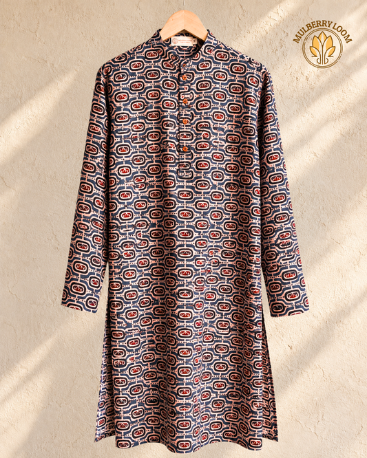 Tattva Indigo Maroon Handblock Printed Men's Long Kurta