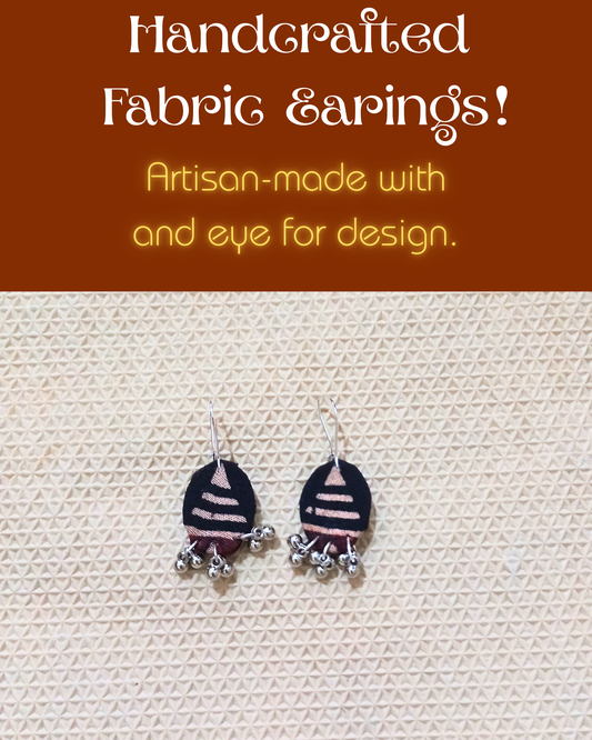 Black Beige Oval Handcrafted Fabric Earrings