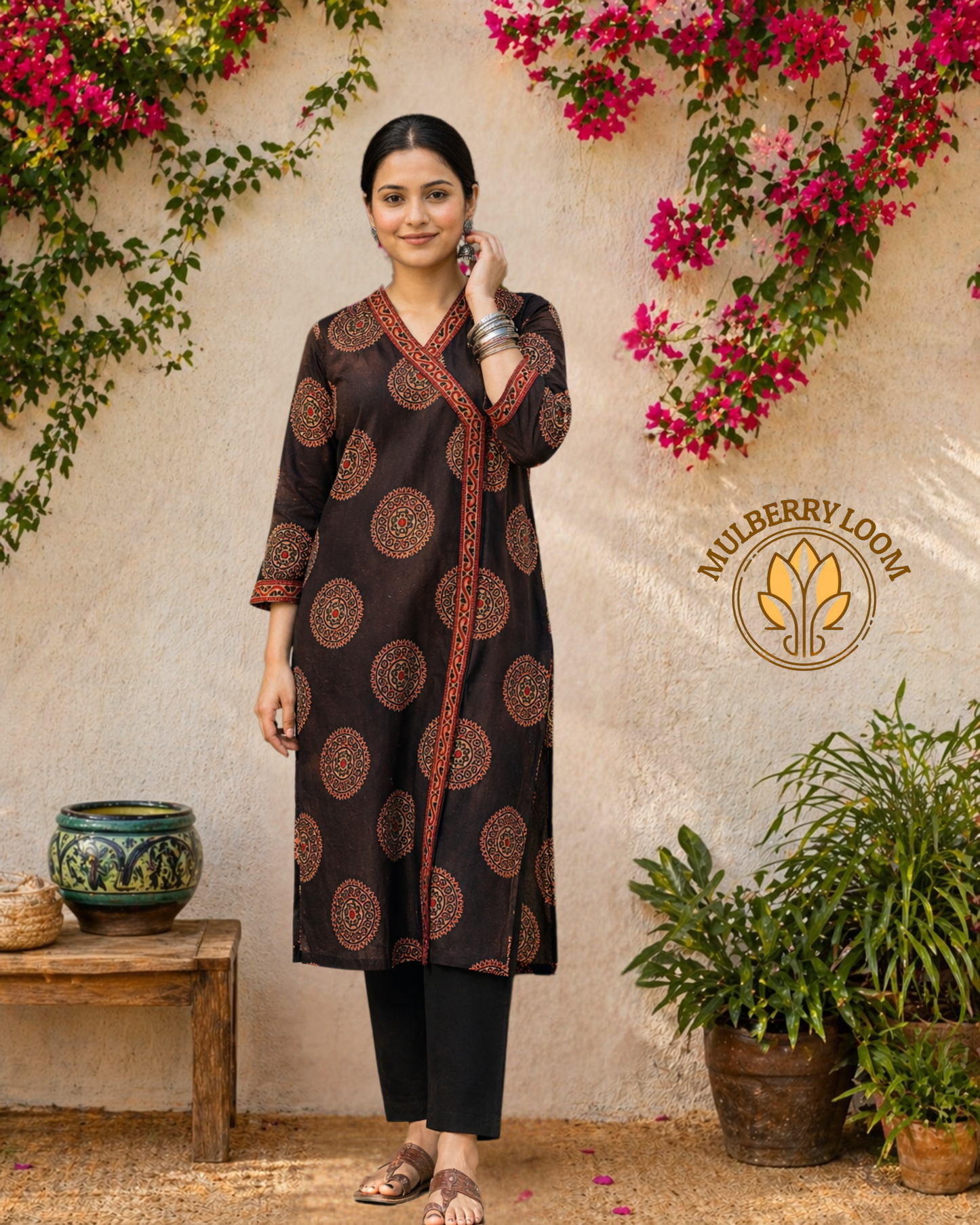 Ebony and Crimson Motif Ajrakh Handblock Print Kurta