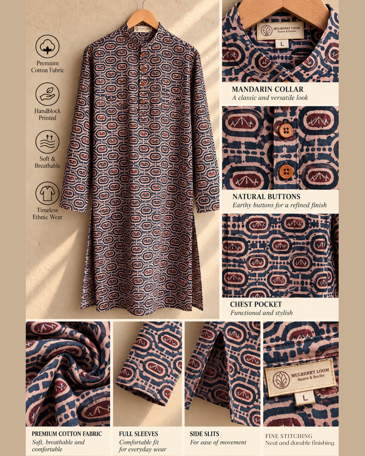 Tattva Indigo Maroon Handblock Printed Men's Long Kurta