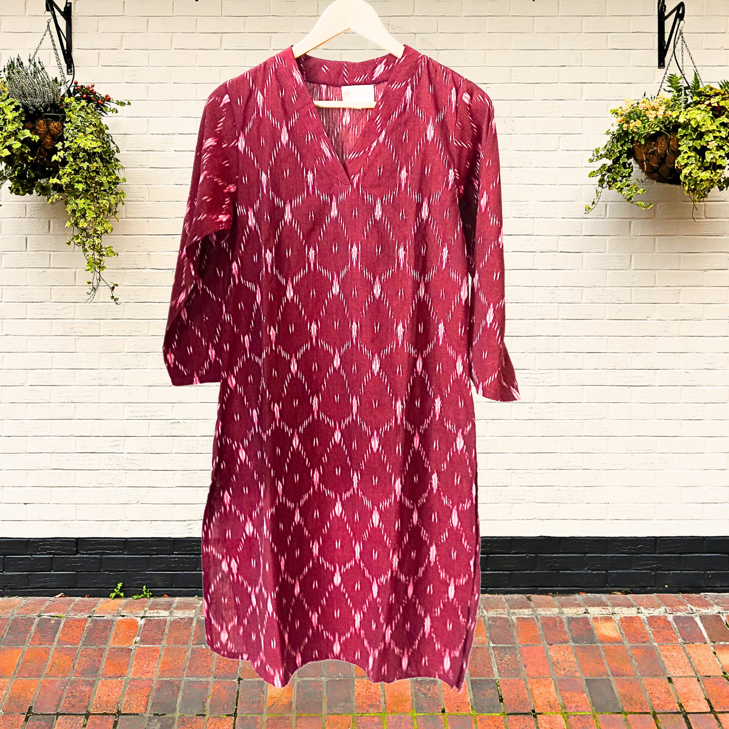 Maroon Ikkat V-neck Kurta
