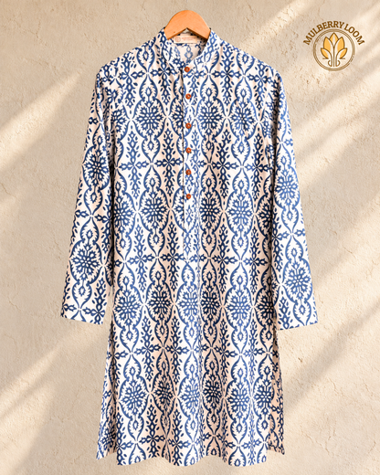 Tattva White & Indigo Handblock Printed Men's Long Kurta