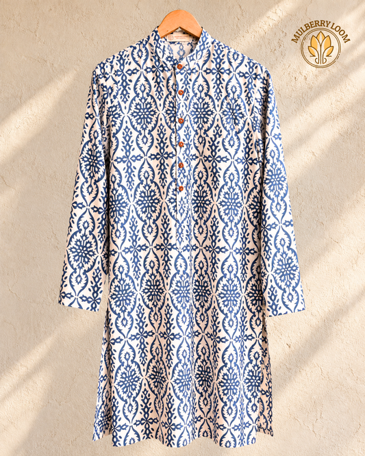 Tattva White & Indigo Handblock Printed Men's Long Kurta