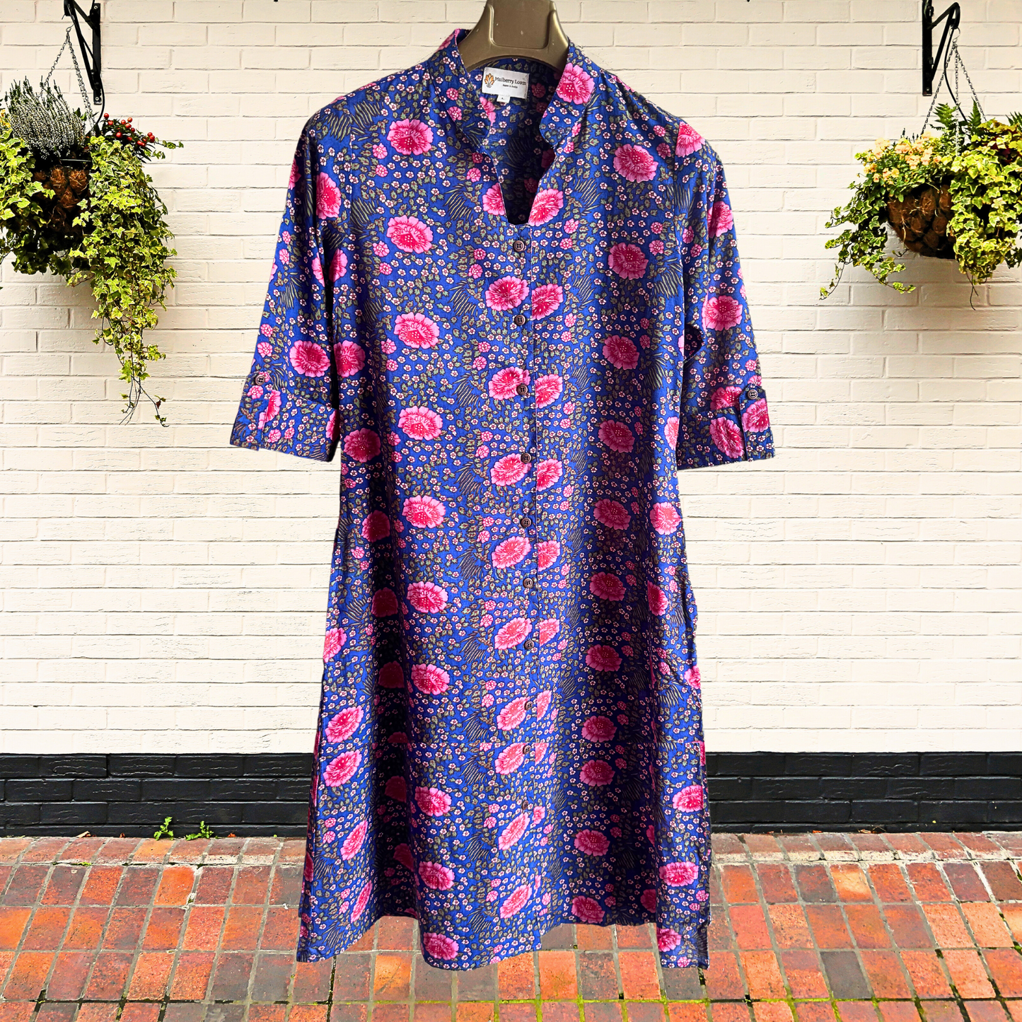 Classic Charm Indigo and Pink A-Line Dress
