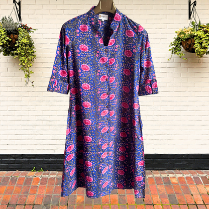 Classic Charm Indigo and Pink A-Line Dress