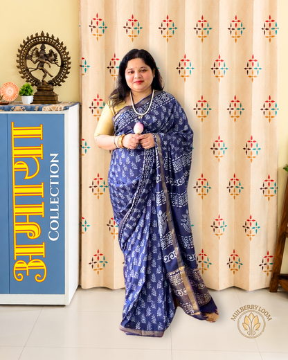 Indigo Handblock Printed Katan Silk Saree