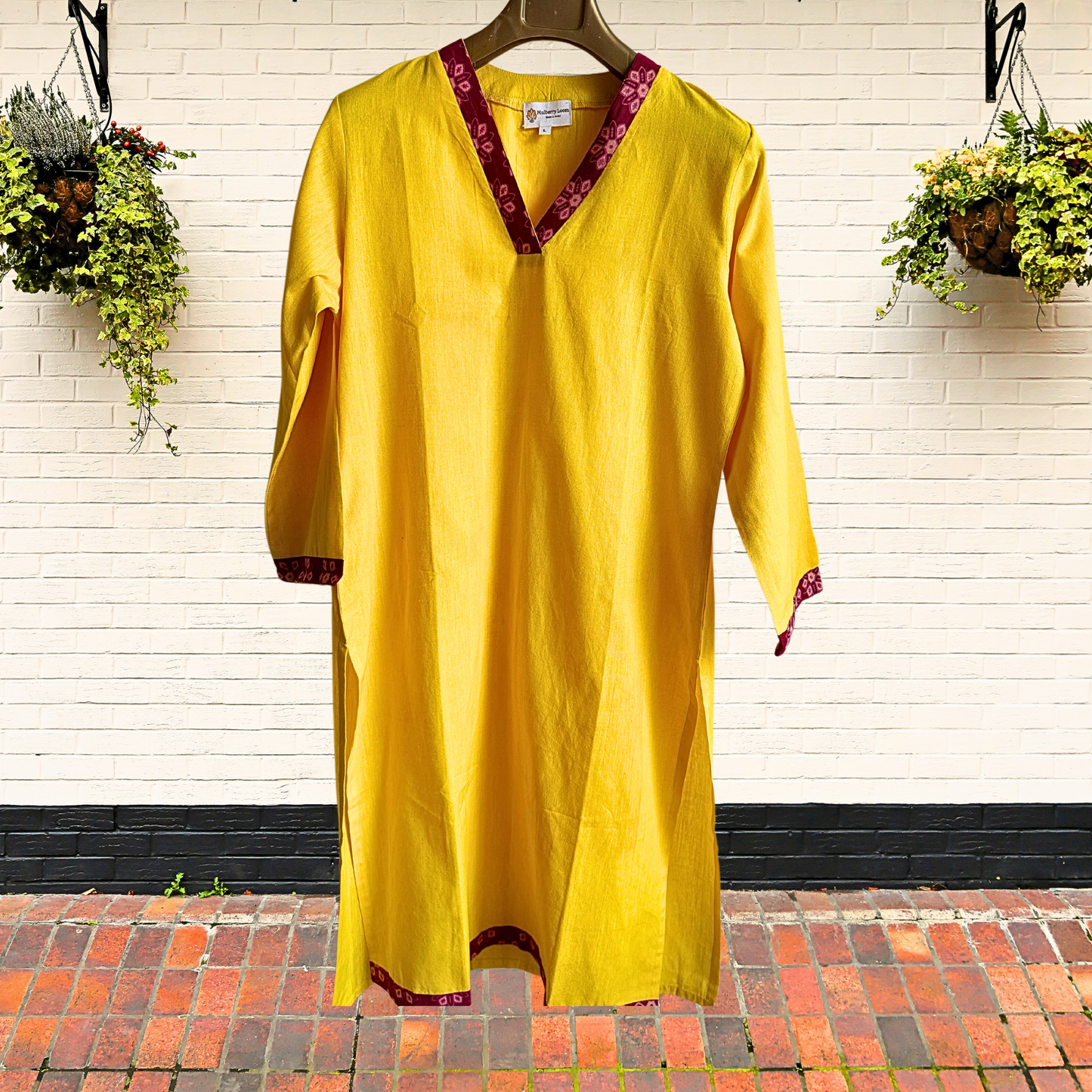 Yellow V-Neck South Cotton Straight Kurta