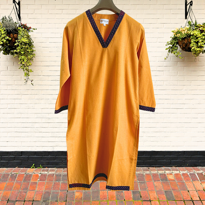 Orange V-Neck South Cotton Straight Kurta