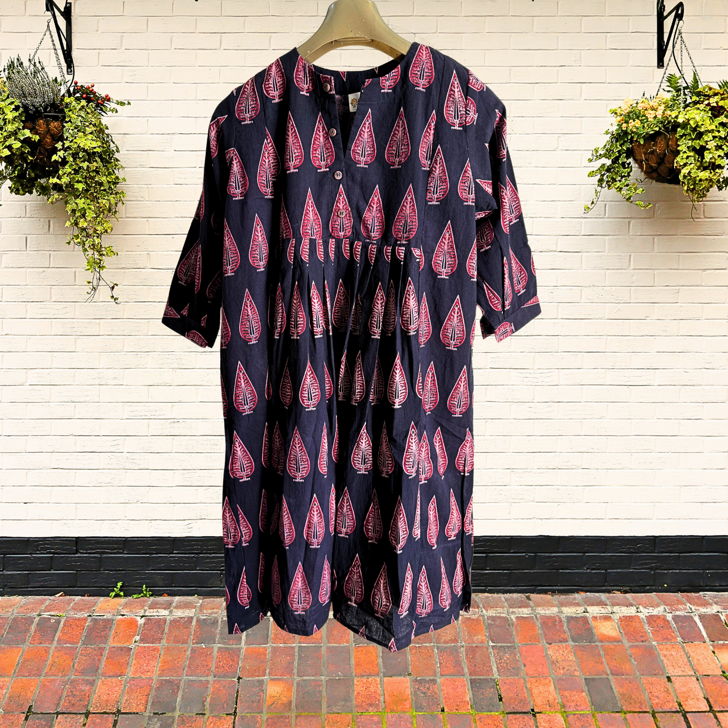 Ebony and Crimson Leaf Ajrakh Handblock Print Dress