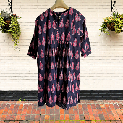 Ebony and Crimson Leaf Ajrakh Handblock Print Dress