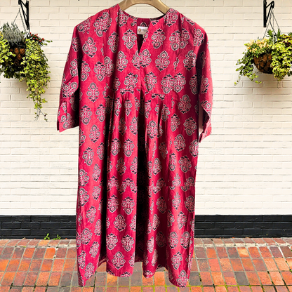 Crimson and Ebony Motif Ajrakh Handblock Print Dress