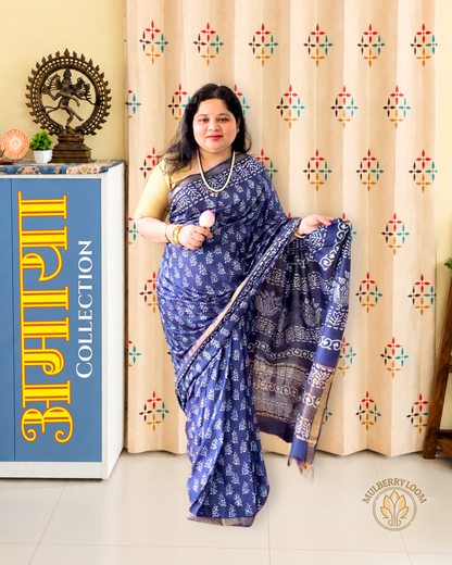 Indigo Handblock Printed Katan Silk Saree