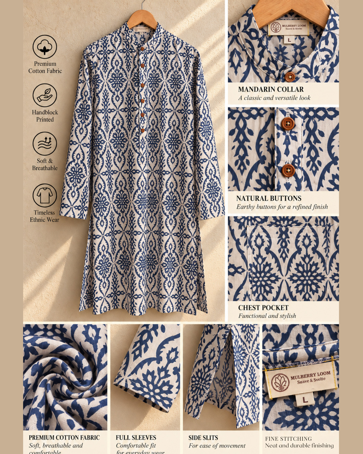 Tattva White & Indigo Handblock Printed Men's Long Kurta