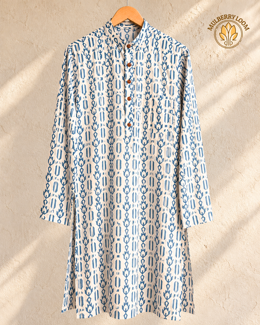 Tattva Off-White & Indigo Handblock Printed Men's Long Kurta
