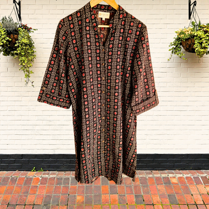 Black Red Pattern Ajrakh Handblock Print A-Line Dress