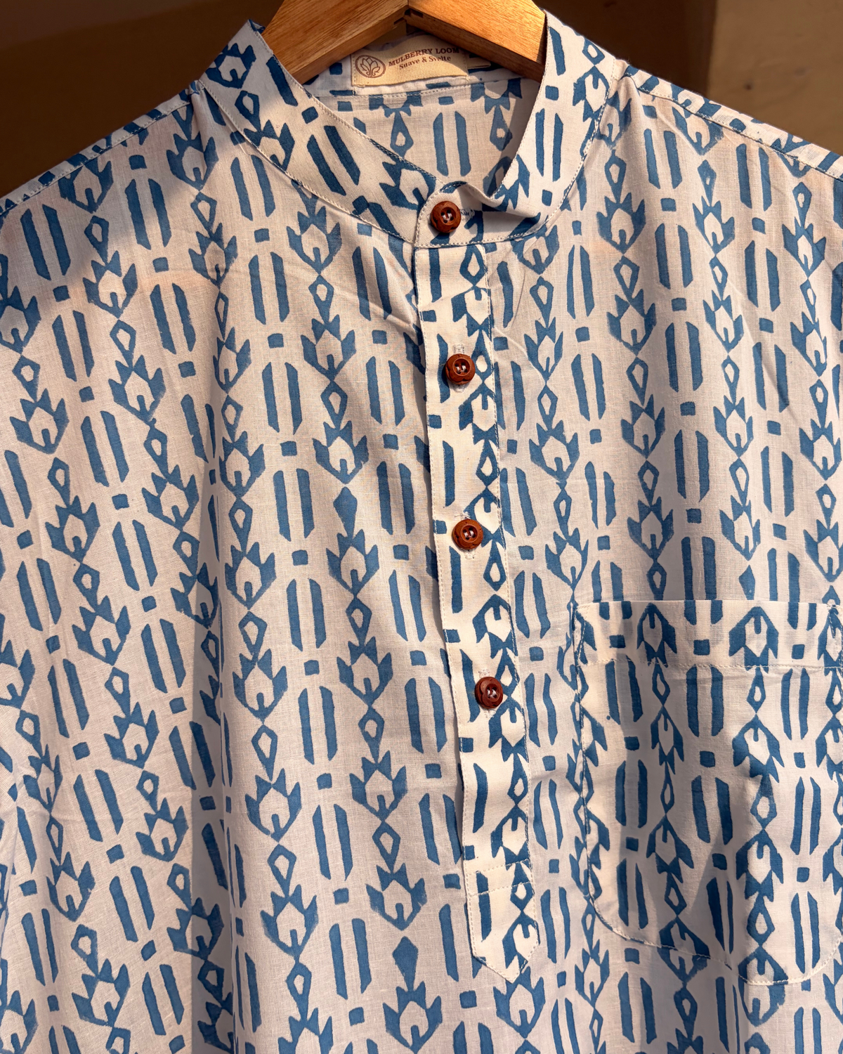 Tattva Off-White & Indigo Handblock Printed Men's Long Kurta