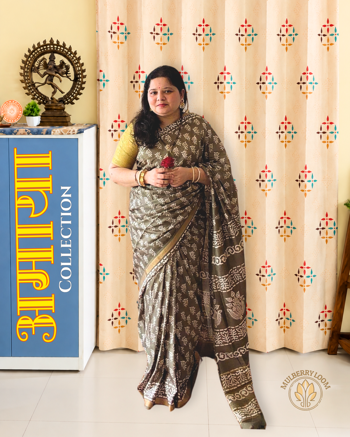 Olive Green Hanblock Printed Katan Silk Saree
