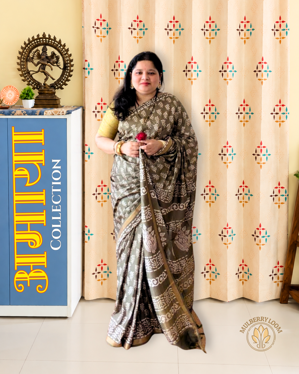Olive Green Hanblock Printed Katan Silk Saree