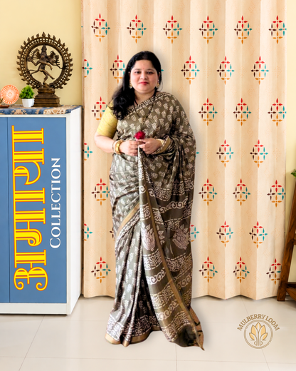 Olive Green Hanblock Printed Katan Silk Saree