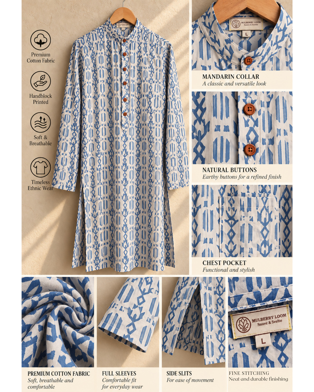 Tattva Off-White & Indigo Handblock Printed Men's Long Kurta