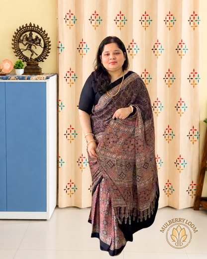 Beige Black Maroon Ajrakh Handblock Modal Saree