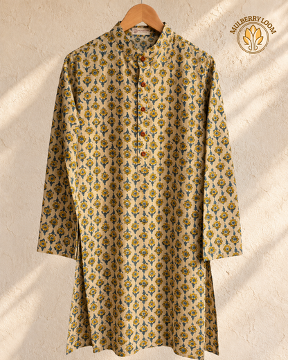 Tattva Off-white & Yellow Vanaspati Handblock Print Men's Long Kurta