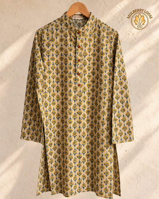 Tattva Off-white & Yellow Vanaspati Handblock Print Men's Long Kurta