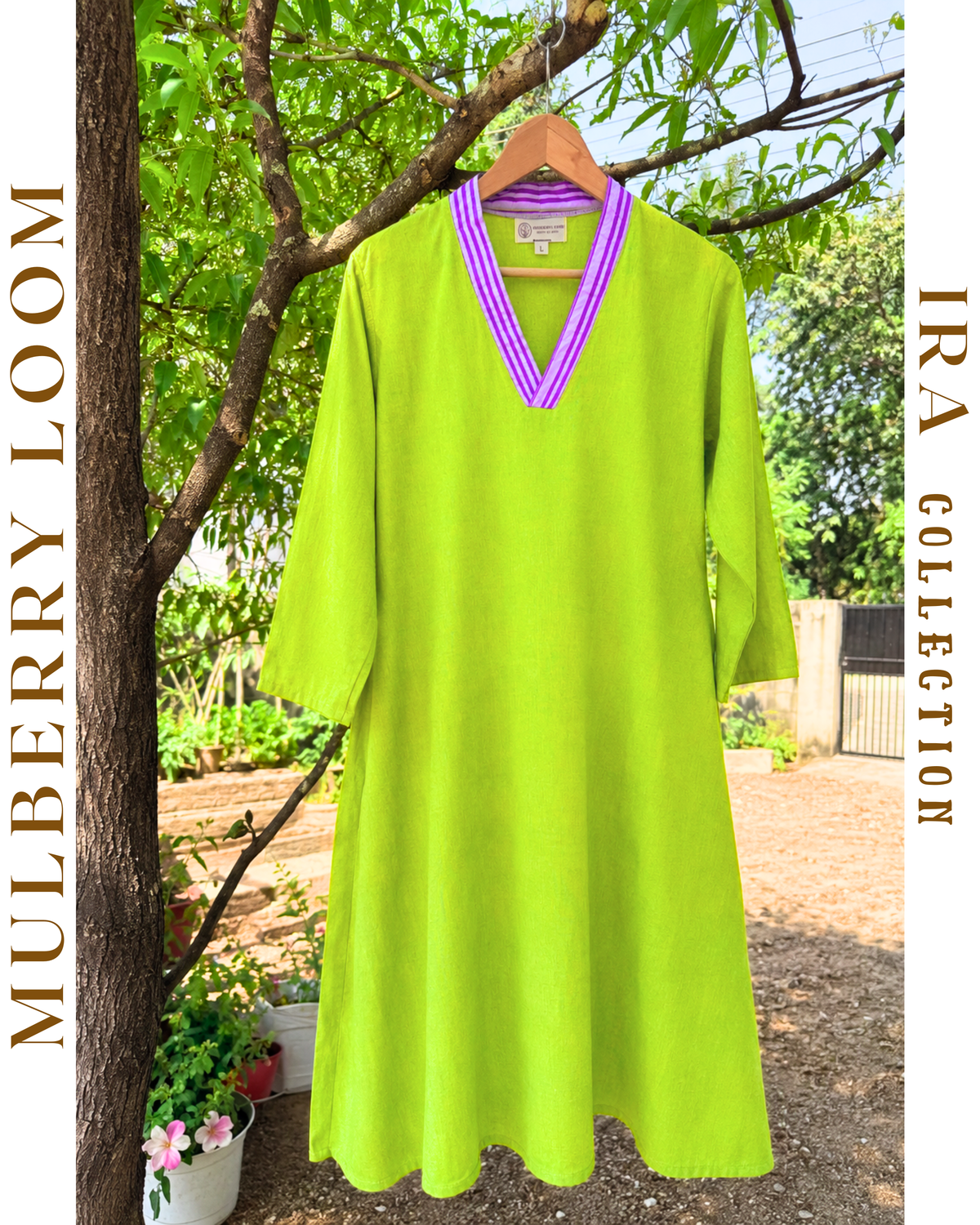 Ira Chartreuse Plain Ikkat Dress