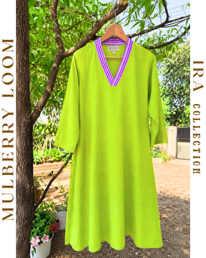 Ira Chartreuse Plain Ikkat Dress